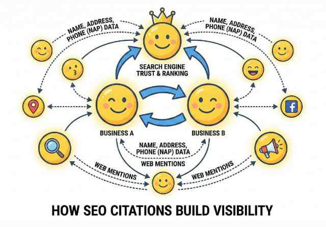 Smiling faces pointing to each other with multiple vectors illustrating how seo citations work
