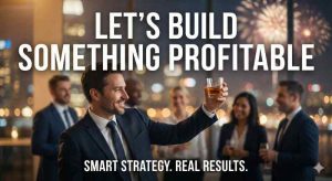 An original photo-style meme of a generic, well-dressed professional person raising a glass in a celebratory toast with the words, "Let's Build Something Profitable."
