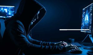 A hacker at a keyboard trying to hijack a website.