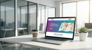 silver laptop open on a white desk in a modern, sunlit office environment. The laptop screen displays a landing page with a map graphic and location pins, with the text "Locally Relevant, Globally Connected."