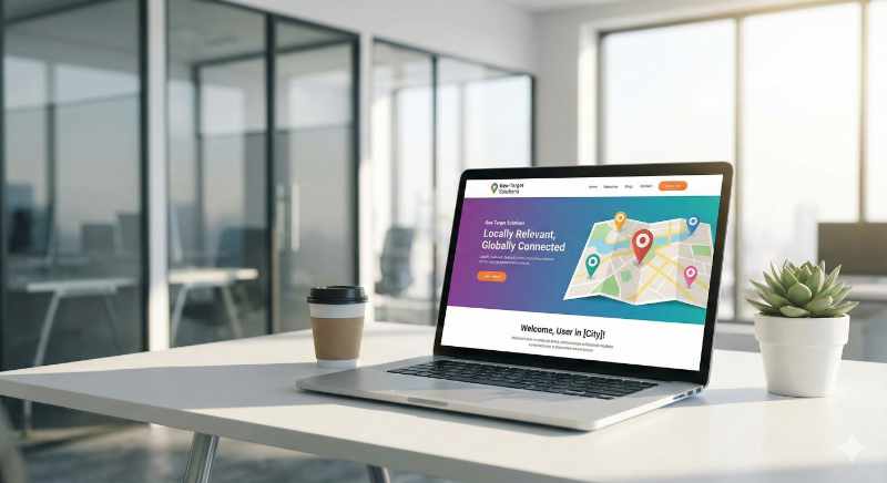 silver laptop open on a white desk in a modern, sunlit office environment. The laptop screen displays a landing page with a map graphic and location pins, with the text "Locally Relevant, Globally Connected."