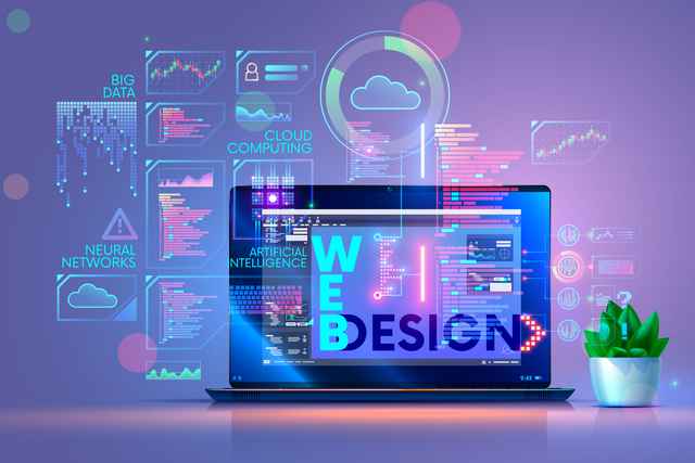 Laptop on desk with software of web design, programming, creation app, software development. Abstract design elements of computer technology on screen laptop. Online education of technology web design