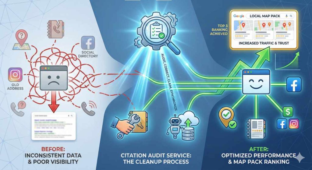 An infographic about the benefits of using a citation audit and cleanup service.