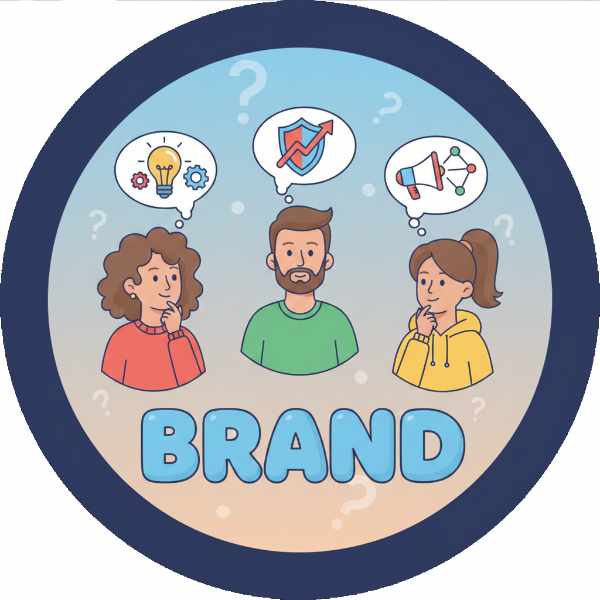 Concept of brand awareness showing three people thinking about their business brand.