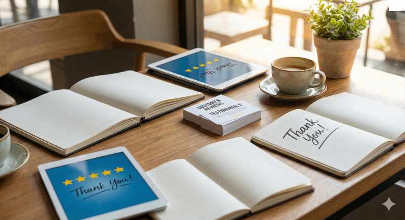 Tablets and books open to pages showing customer reviews and testimonials.