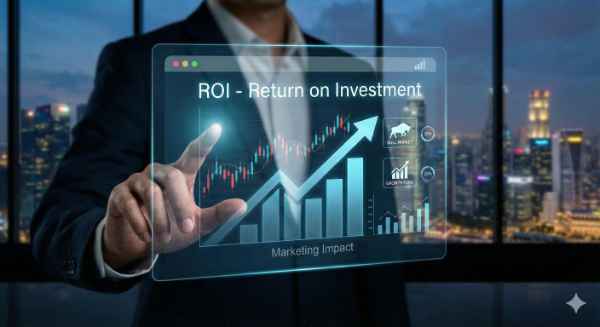 Businessman touching a virtual screen with the letters R.O.I. and return on investment, citing Marketing Impact with some graphs and charts