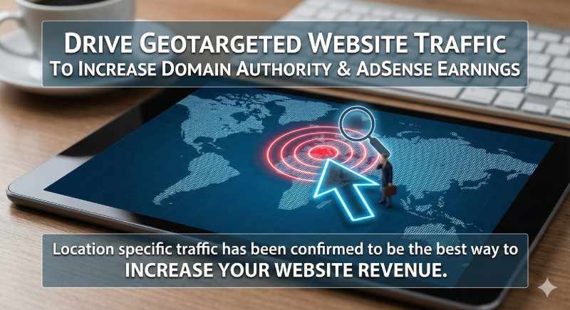 Infographic on a laptop showing how geotargeted traffic increases domain authority and revenue.