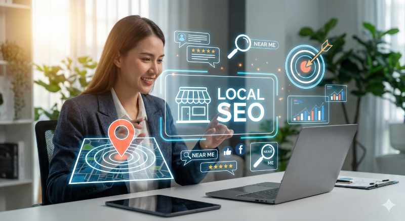 A business professional sitting at a desk, interacting with a holographic display that illustrates a comprehensive local SEO strategy, including icons for a storefront, map targeting, customer reviews, 'near me' searches, and performance data analysis.