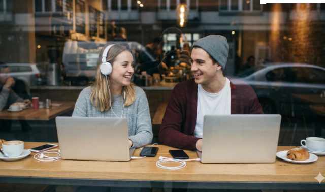 Two people hangout together at a coffee shop with laptops open and using mobile phones.