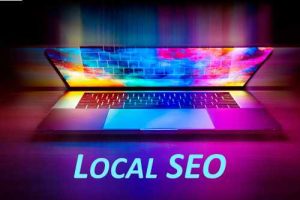 Laptop in brilliant color with the words "Local SEO."