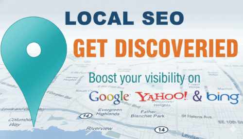 Local SEO infographic with a map background, a large location marker, and text explaining how to increase business visibility on major search engines.