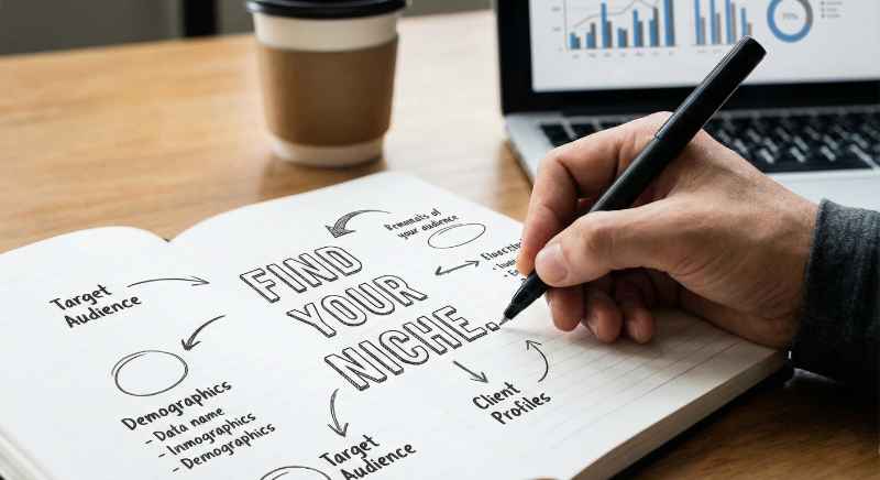 Conceptual hand writing showing Find Your Niche. Man holding a tablet with images for search, email, presentations, business and social media