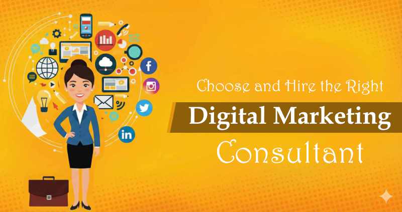 Cartoon woman with a cloud of apps around her and the words, "Choose & hire the right digital marketing consultant."