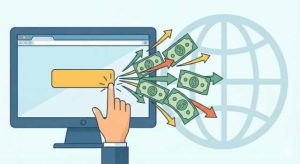 A flat illustration with a finger clicking a button on a computer screen, with dollar bills and arrows flowing outward, representing a sales funnel.