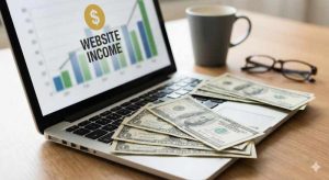 Money laying on a computer keyboard with the words "Website Income" on the screen.