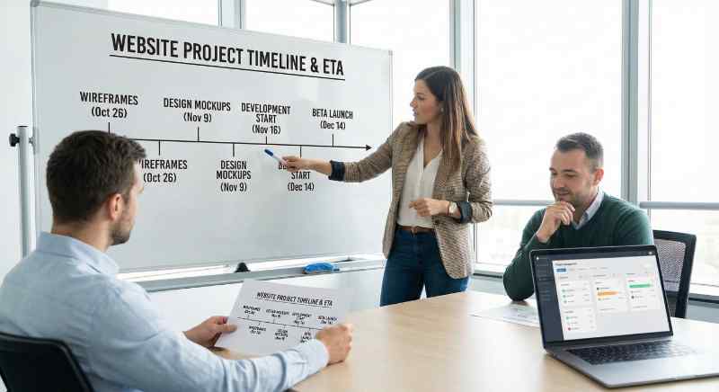 A woman in a modern office presents a detailed website project timeline and ETA on a whiteboard to two male clients, who are reviewing the schedule on a paper handout and a laptop dashboard.