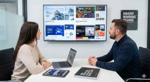 A business woman interviewing a web designer and looking at his design portfolio.