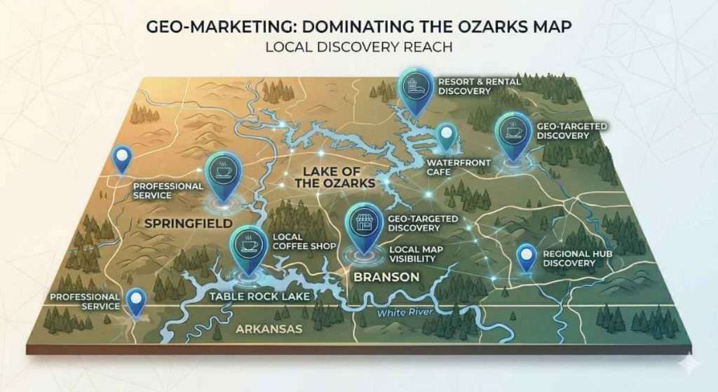 A digital map of the Ozarks region highlighting Lake of the Ozarks, Springfield, and Branson with glowing pins representing localized AI search optimization and discovery.