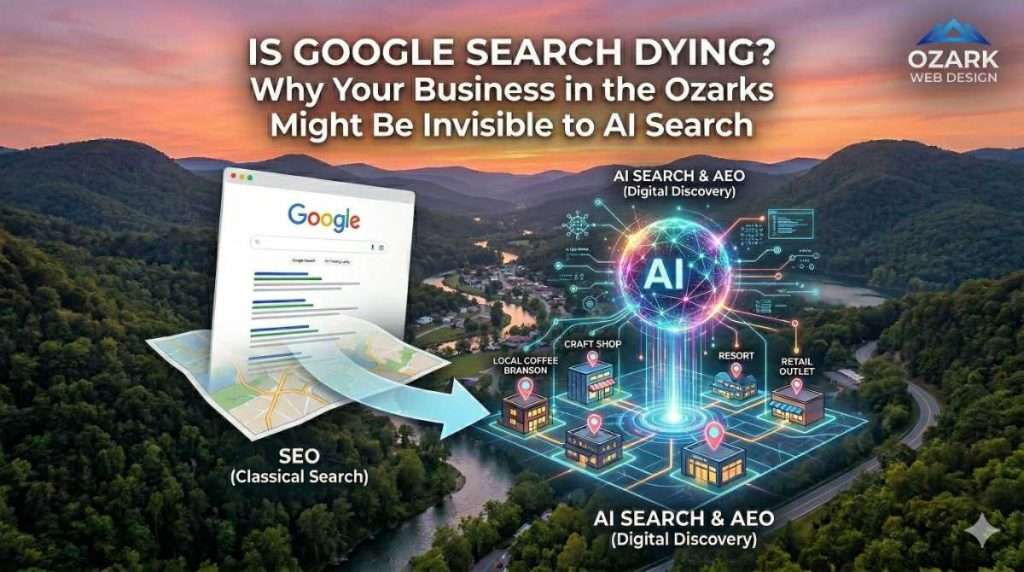 A visual comparison of traditional Google SEO and future AI Search (AEO) for businesses in the Ozarks, showing a map and local businesses connected by a glowing neural network.