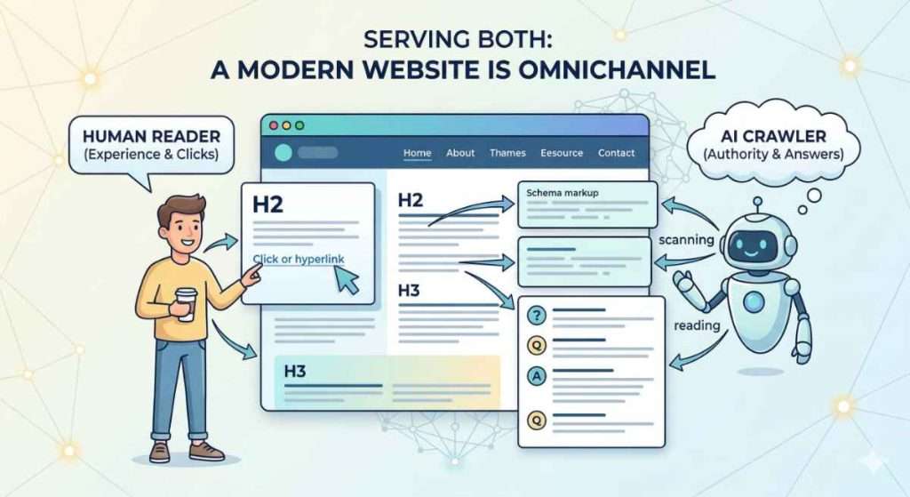 A friendly illustration showing a modern website interface that simultaneously provides a great experience for a human user and structured data for an AI crawler.