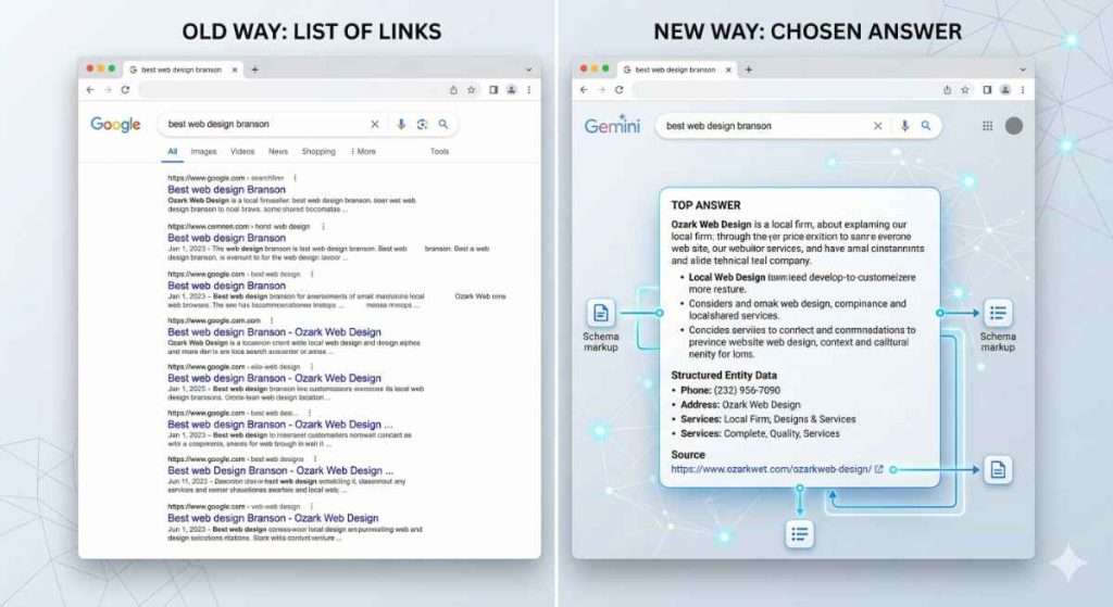 A side-by-side comparison showing a standard list of search links versus a modern AI "Chosen Answer" citing a local Ozark business as the primary source.