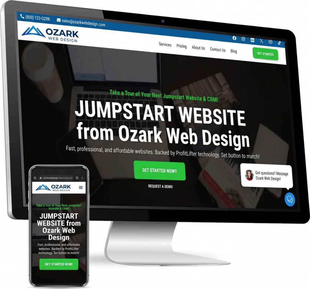 A clean mock-up displaying a desktop monitor and a mobile phone, both showing the Ozark Web Design website interface. The central headline is 'JUMPSTART WEBSITE from Ozark Web Design,' promoting 'Fast, professional, and affordable websites' for small businesses. The site includes a prominent green 'GET STARTED' button and mentions being 'Backed by ProfitLifter technology,' highlighting budget-friendly website creation.